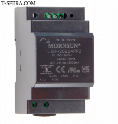 Блок питания на DIN-рейку LI60-20B24PR2 24В 2.5А 60Вт Mornsun